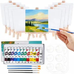 Mini Canvas and Easel with Acrylic Paint Set - 47 Pack Complete Painting Kit for Kids, Adults, Beginners - Includes 12 Acrylic Paints, 10 Brushes, 5 Palette, 10 Mini Stretched Canvases & Easels - Ideal for Art Crafts, Party, School Projects and Great Gift