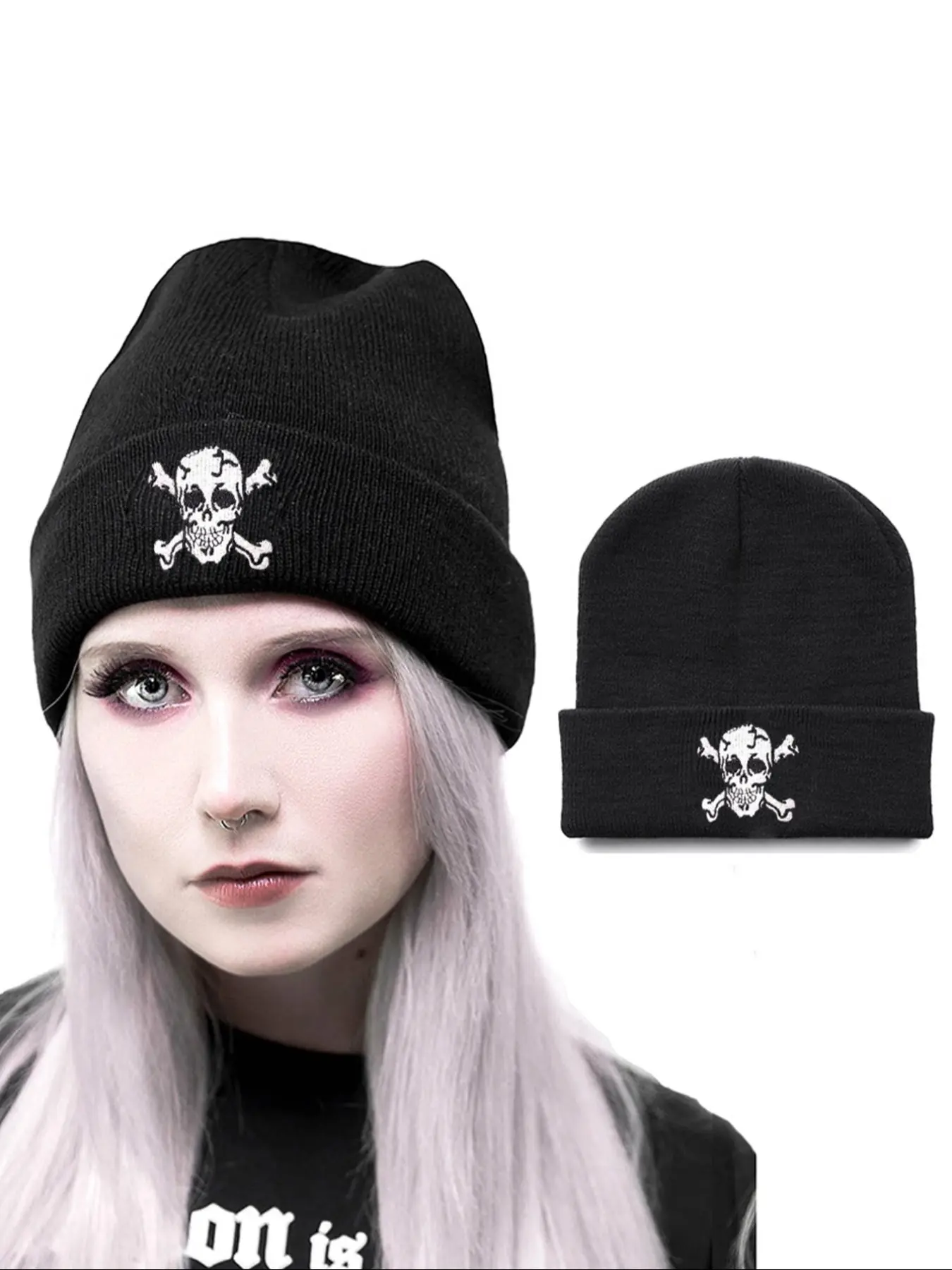 Unisex Skull Embroidery Beanie, Embroidered Headwear, Fitted Casual Style Winter Vintage Fashion Hat, Outdoor Halloween Knit Caps for Men & Women, Fall & Winter Wear