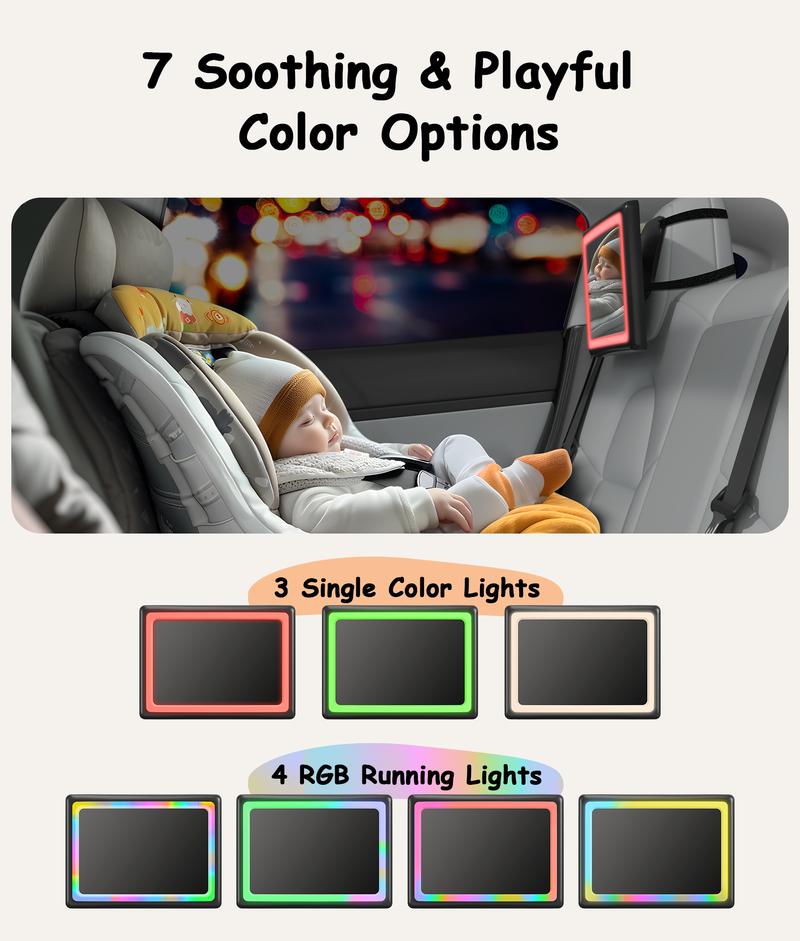 [Black Friday] Safety Car Seat Mirror with Seven Customized RGB Lights and 15° Convex Mirror for Wide Horizon Viewing - Well-prepared for Long Drive Rear Viewing
