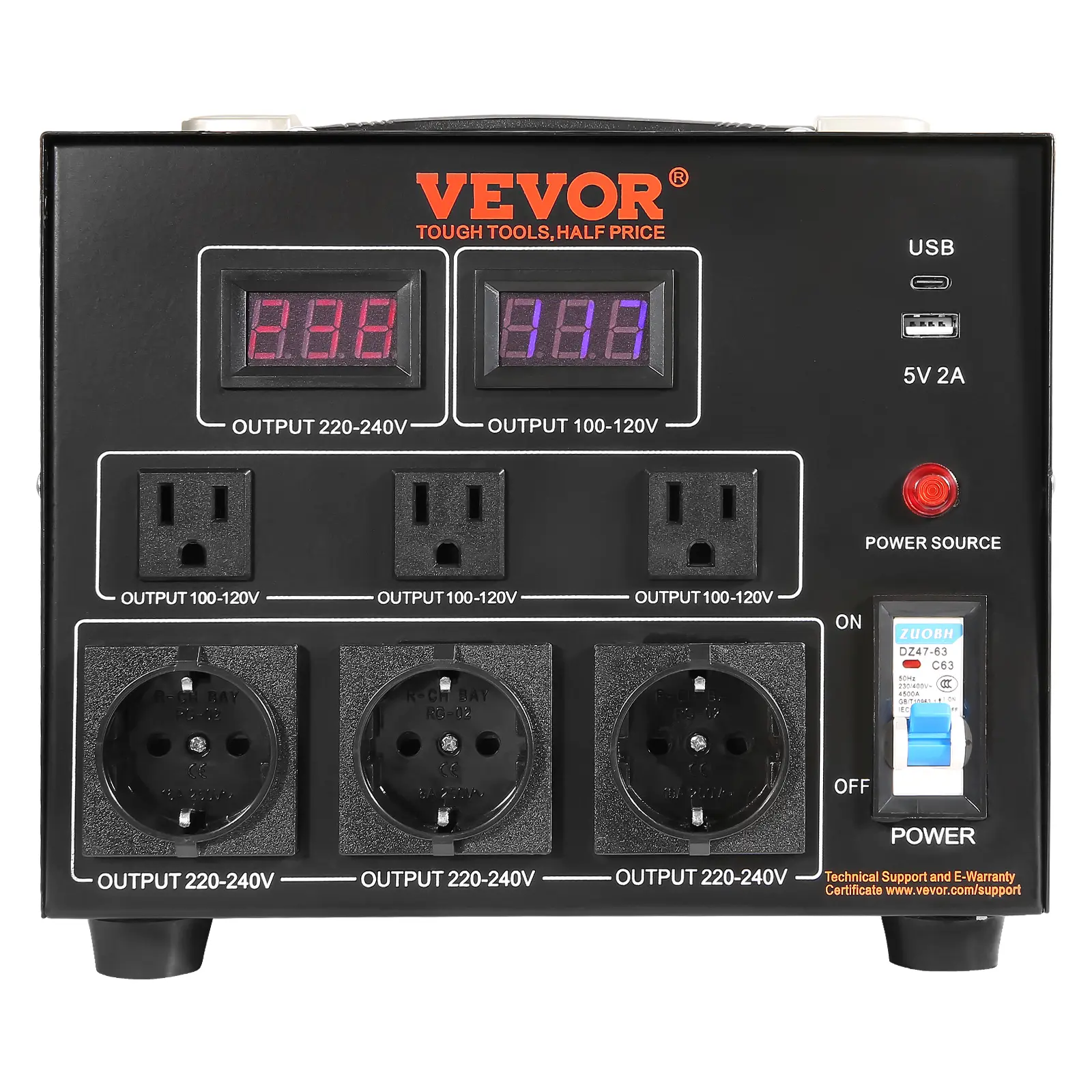 VEVOR 3000W Voltage Converter, Durable Step Up-Down Unit with 110V-220V Switch, US/EU Outlets, 5V USB Port, CE Approved, Continuous Operation, European Shucko Plug, High Efficiency, Overload Protection, Compact AC Plug, Father's Day Gift Option
