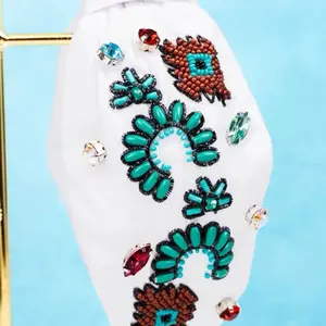 VIOLA WHITE WITH TURQUOISE SQUASH BLOSSOM KNOTTED HEADBAND Matte Flower