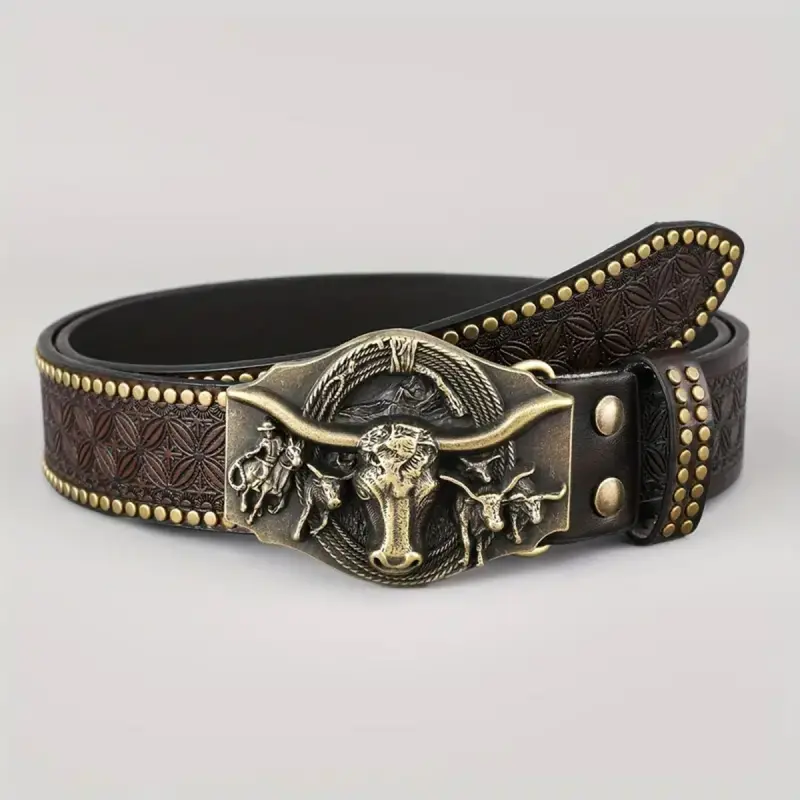 Men's Western Cowboy Belt, Studded PU Leather Waistband with a Shaped Gold Alloy Buckle, Country Style Accessory for Jeans, Casual Waist Belt, Belt For Jeans