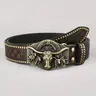 Men's Artistic Western Concho Belt - Buckle Decorated Studded PU Leather Waistband, Gold Alloy Shaped Clasp, Denim-Ready Look Fashion Statement Belt for Casual Jeans