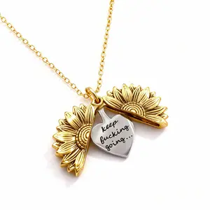 Sunflower Flower Locket Necklace for Women & Men, Adjustable Length, Inspirational Motivational Birthday & Christmas Gift for Him Her, Couples Necklace