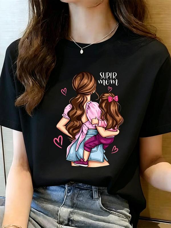 Women's Soft Cotton Crew Neck A-Type Graphic Tee - Casual Oversized Loose-Fit Short Sleeve Fabric Top with Back Print, Backless, Mom-Daughter Matching Outfits, Fade-Resistant Statement Style Everyday Wear