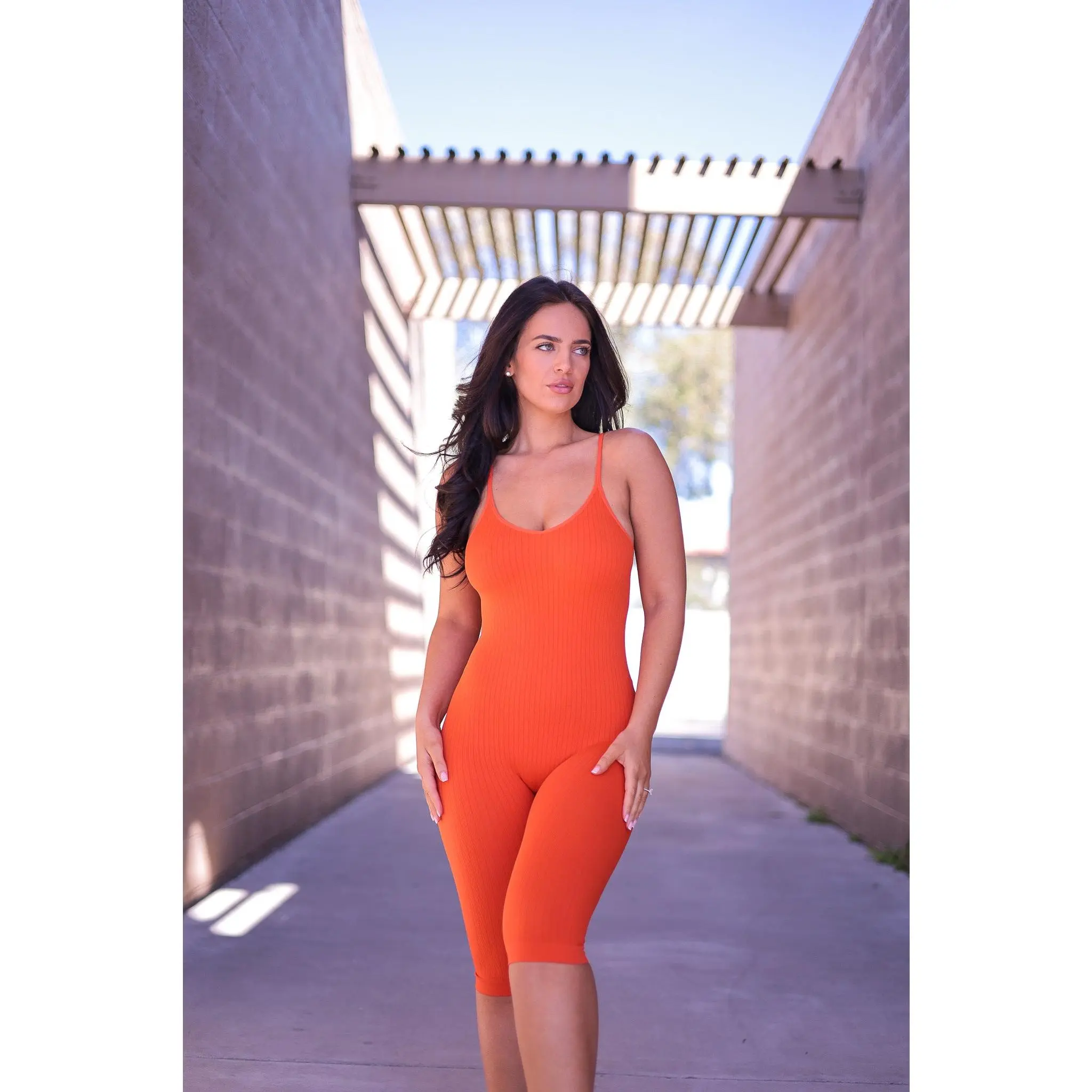 Orange - Cami Seamless Ribbed Biker Romper