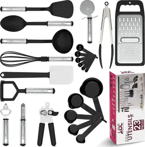 LDC 23 Piece Kitchen Utensils Set BPA Free Food Grade Nonstick Stainless Steel Handles Heat Resistant Tools Gadgets Black Lux Decor Collection