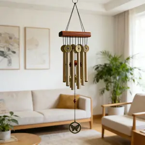 Wooden 8 Tube Copper Coin Wind Chime, 65 Cm Memorial Wind Chime with Butterfly Pendant, Home Patio Window Garden Decoration Windchimes