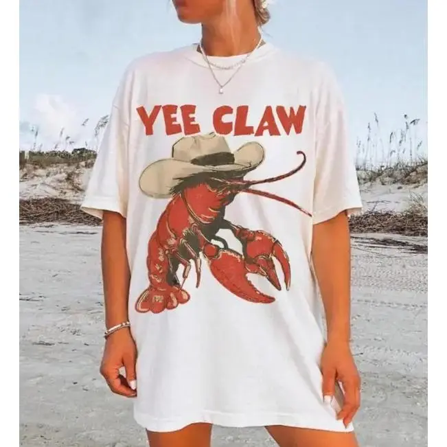 Women's Round Neck Sleeve Loose Vintage Cowboy Crawfish Graphic Cotton T-Shirt - Coastal Beach Summer Western Streetwear, Comfortable Oversized Cute Tee, Ideal Valentine's Day Gift For Her, Print, Tshirt