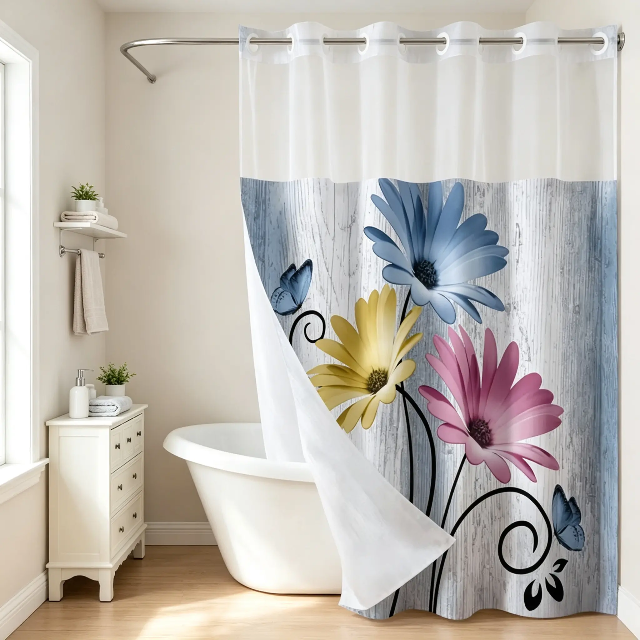 Hookless Colorful Floral Pattern Shower Curtain, 72×75 in, Multi-Color, Easy-to-Install, Waterproof, Washable, Ideal for Bathrooms