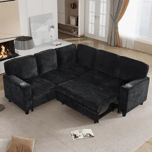 Eyisean 81"W Chenille Sleeper Sofa Bed with Storage & USB, Modern L-Shaped Couch with Pull Out Bed, Modular Sectional Sofa 5-Seater with 2 Cup Holders for Living Room, Apartment