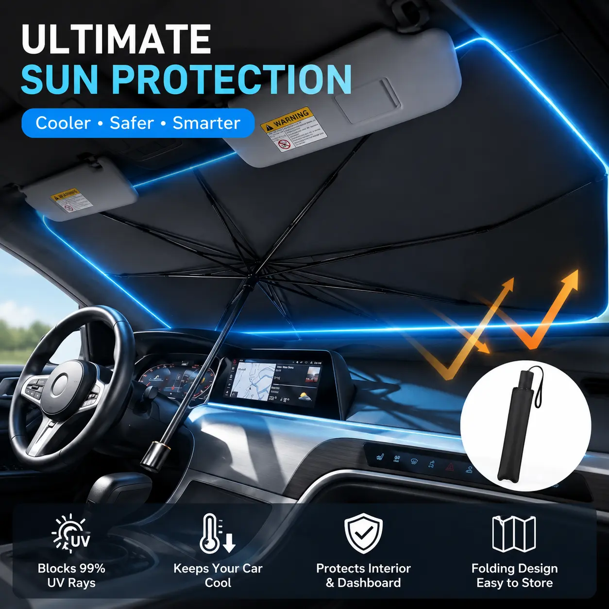 Portable Foldable Umbrella Windshield Shade - Car Exterior Accessory with Detachable Sun Protection, Rollable Design, Sun Canopy, UV Light Filtering for Front Window Cooling, Detachable Sun Protection Front Window