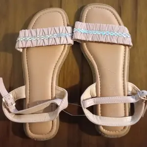 Women's Beige Leather Sandals with Ruched Design & Beaded Accents for Casual Outfits Comfortable All-Day Wear - Shoe, Girl