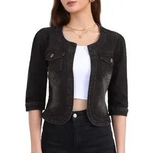 INSPIRE CHIC Women's Collarless Pockets 3/4 Sleeve Crop Denim Jackets X-Large Black