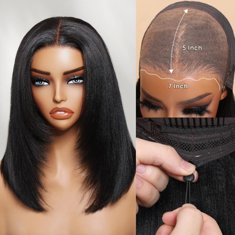 UNice Glueless Yaki Straight Short Bob Wig with Drawstring Pre-cut 7x5 HD Lace Human Hair Wigs with Bleached Knots Beginner Friendly Natural Hairline