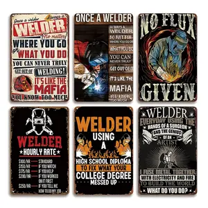 6pcs Vinatge Metal Tin Signs, Welding Worker Retro Poster Metal Plaques, Novelty Home Decoration, Talent Market Decoration, Man Cave Decor, Funny Welding Tin Plates, Cavin, Bar, Pu