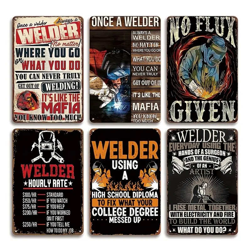 Vintage Metal Tin Sign Set (6pcs) - Retro Bold Welding Worker Wall Decor, Home Supplies, Garage Signs, Adult Gift, Balcony/Wardrobe Accents, Non-Personalized Plaques
