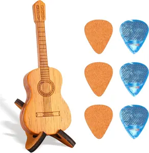 Wooden Guitar Pick Holder with Stand, Wooden Classical Guitar Styling Box with 3  Picks and 3 Non-slip Celluloid Guitar Picks, Guitar Pick Storage Box Set for Guitar, Bass, Ukulele Players