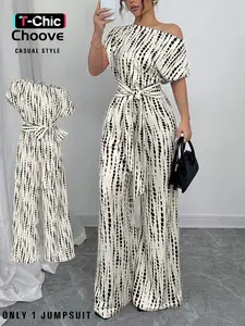 Summer Women's Fashion Ink Dot Print Romper, Shirt Jumpsuit, Side Zip Design, Waist Tie, Casual Fitted Style, Womenswear