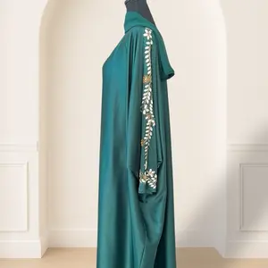 Elegant Emerald Green Abaya with Golden & Ivory Leaf Embroidery - 3 Pieces, Smooth Flowy Material, Perfect for Weddings & Formal Gatherings