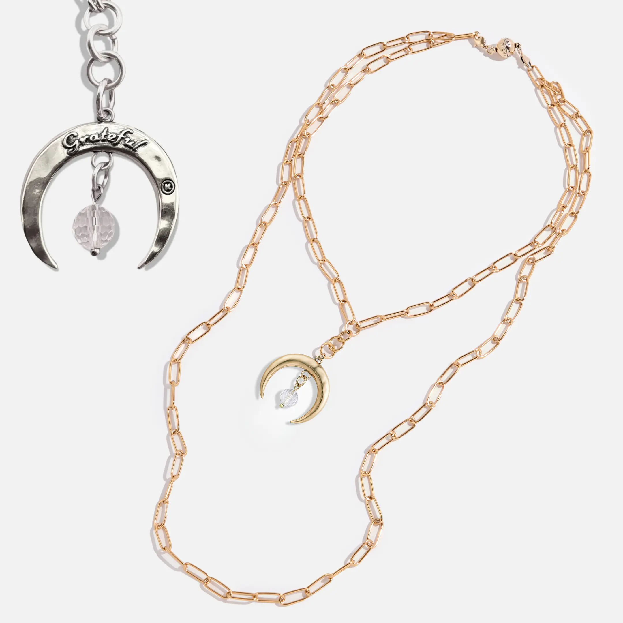 Grateful Crescent Moon Klink Necklace - Jewelry Chain Moon Celestial Boho Quartz Crystal Pendant