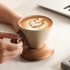 Handcrafted Thick Ceramic Coffee Cup, Large Spout, Funnel Shape, Real Wood Handle, Wooden Coaster, Ideal Gift, Perfect for Home Office Cafes