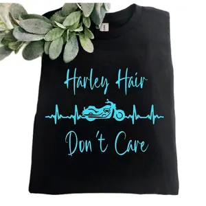 biker shirt harley hair dont care popular trending cute motorcycle riding short sleeve tshirt black and blue
