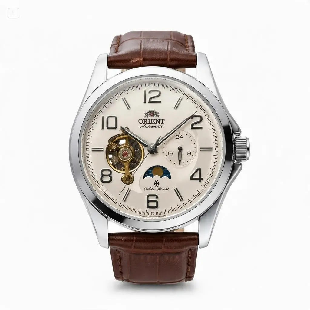 HorusTime Men Automatic Style Wristwatch, Blue & Cream Dial Skeleton Moon Phase Leather Strap Multi-function Vintage Gentleman Watch