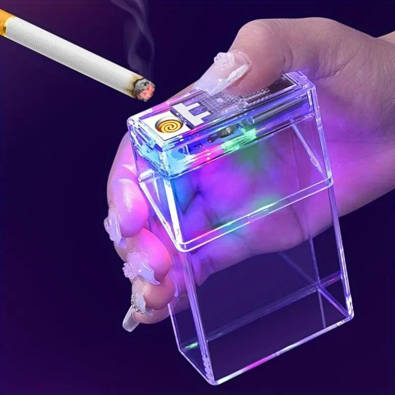 Men's Lighter Accessories - Acrylic Storage Box with Electronic Lighter, USB-Rechargeable Windproof Design, Holds Up To 20 Sticks, Home Supplies Must-Have
