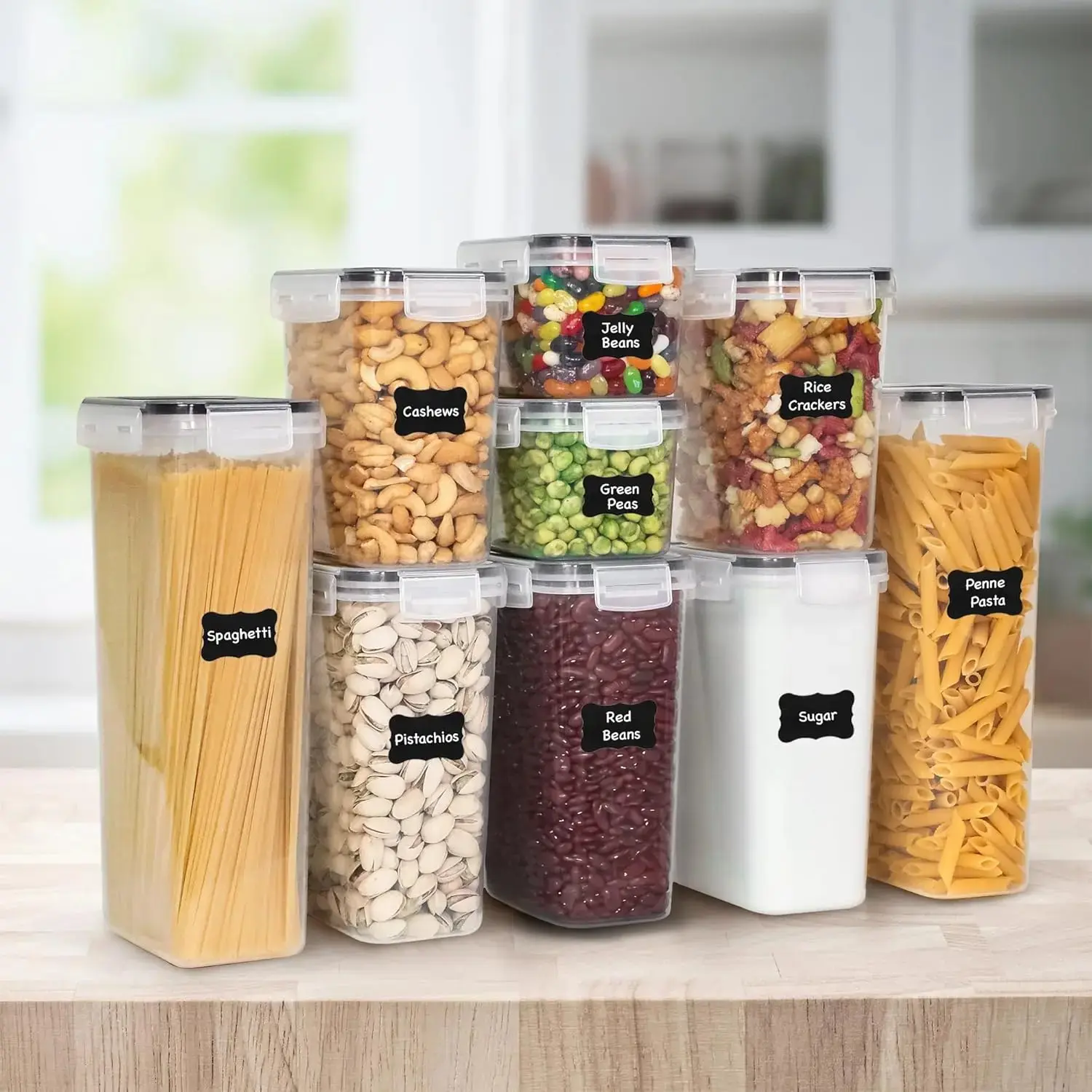 24-Piece Clear Food Storage Container Set, Airtight Kitchen Pantry Organizer Boxes with Lids & Labels for Cereal, Pasta, Snacks and Dry Food