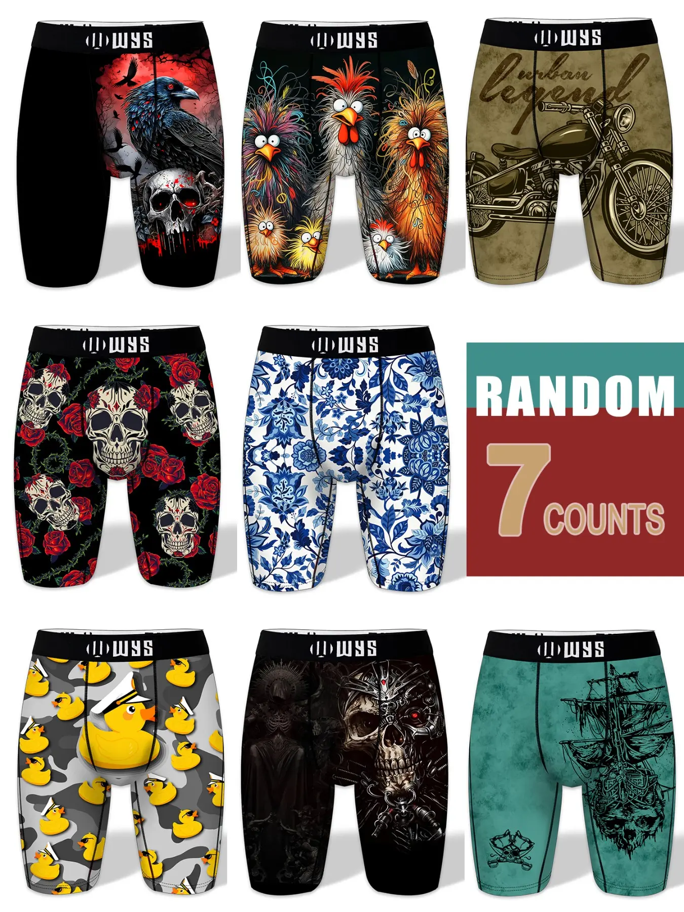 RANDOM-7PCS,Men's 7-Pack Long Brief Underwear, Underwear Boxers, Moisture-Wicking, Anti-Chafing, Quick-Dry, Sporty, Halloween Prints, Comfortable, All Seasons