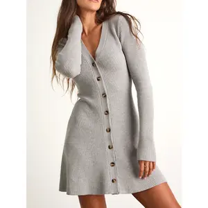 Lulus Adorably Flirty Heather Grey Button-Front Sweater Mini Dress