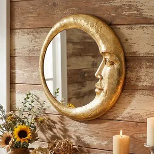 Resin Face Moon Round Decorative Wall Mirror, European Style Home Art Hanging Decoration, Bathroom Wall Ornament
