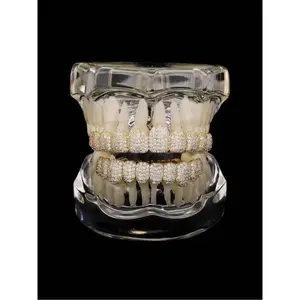 Hiphop Gold Grillz Full Diamond Teeth Grills Rapper Style Streetwear Trendy Personalized Jewelry Real Gold Plated Resin Material Tooth Gem Micro-Paved Zircon