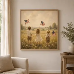 [Sale Up To 50%][No frame, Free Ship] USA 250th Anniversary Patriotic Wall Art, Vintage Americana Kids Holding Flags Print, Independence Day Home Decor, 1776–2026 Print