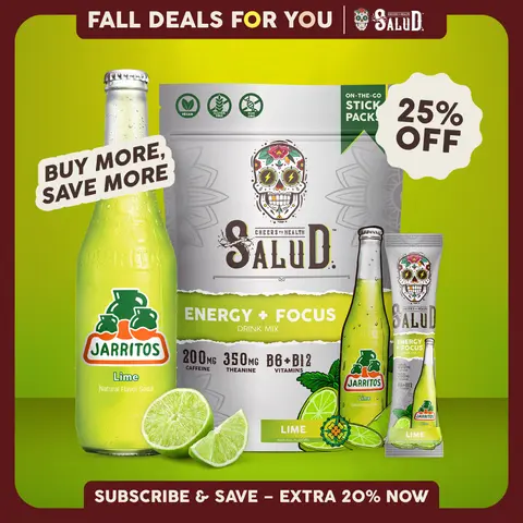 Salud x Jarritos 2-in-1 [Energy + Focus - Lime] Clean Energy Drink Mix, Agua Fresca, Organic Caffeine, B6 & B12, L-Theanine, Drink Packets, Non-GMO, Gluten Free, Vegan, Low Calorie, 1g Sugar (15 Servings)