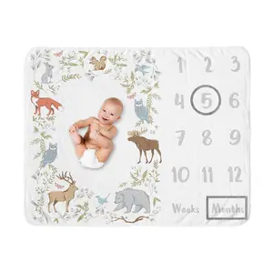 Sweet Jojo Designs Woodland Animal Toile Boy Girl Milestone Blanket Monthly Newborn First Year Growth Mat Baby Shower Memory Keepsake Gift Picture -Grey Green Brown Forest Bear Deer Fox Owl Bunny Bird