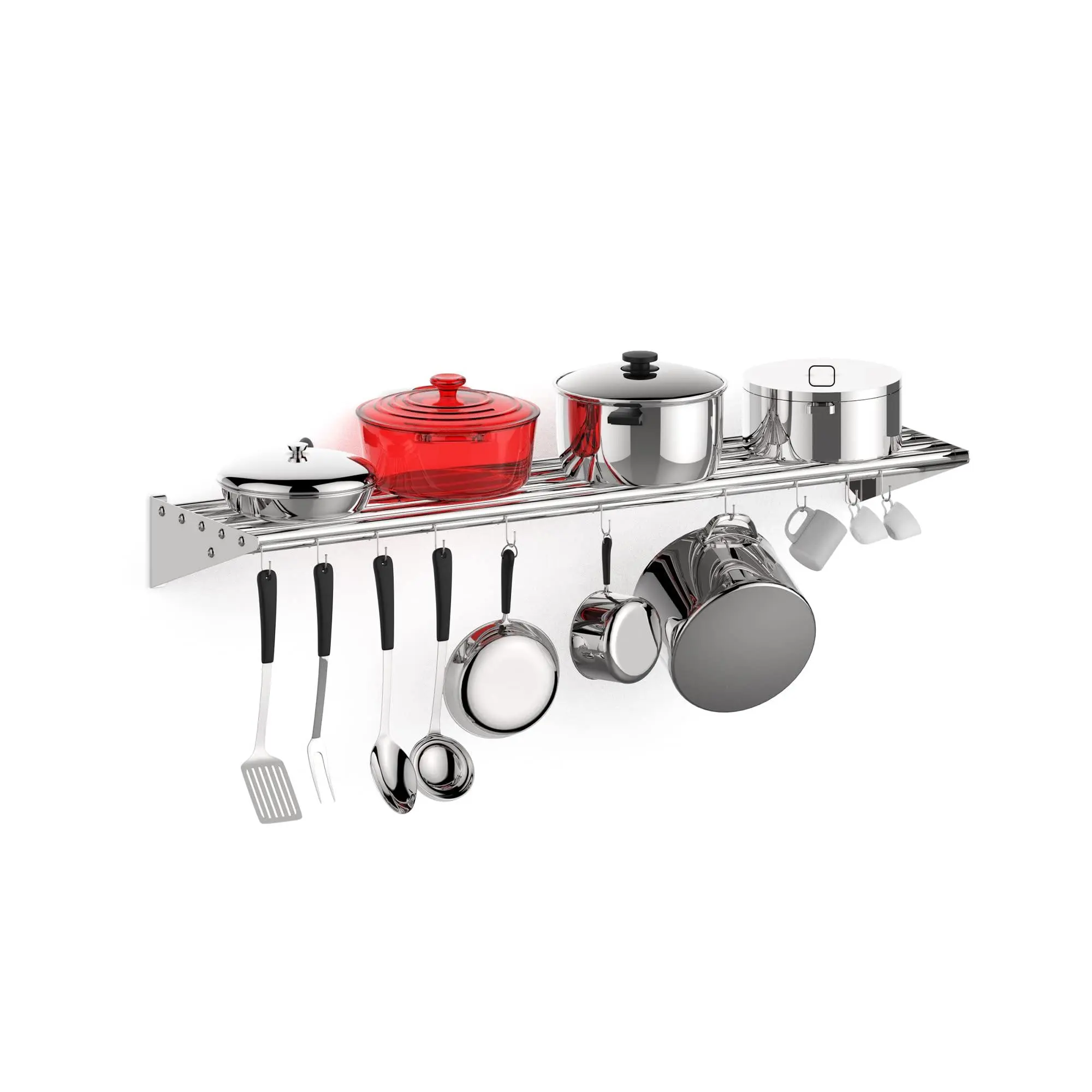 GARVEE Stainless Steel Wall-Mounted Kitchen Rack - 48"x12" Metal Shelf with 10 Hangable Hooks, Side Guards, Kitchen Organization & Garage Organization Solution for Pots, Pans, Knives, Utensils, Home/Commercial Use