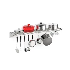 GARVEE Kitchen Rack for Storage 48" x 12" Wall Shelf With 10 Hanging Hooks Stainless Steel Pot Rack Wall Mounted Hanging Pot and Pan Organizer Commercial Shelving With Side Guards for Home and Restaurant