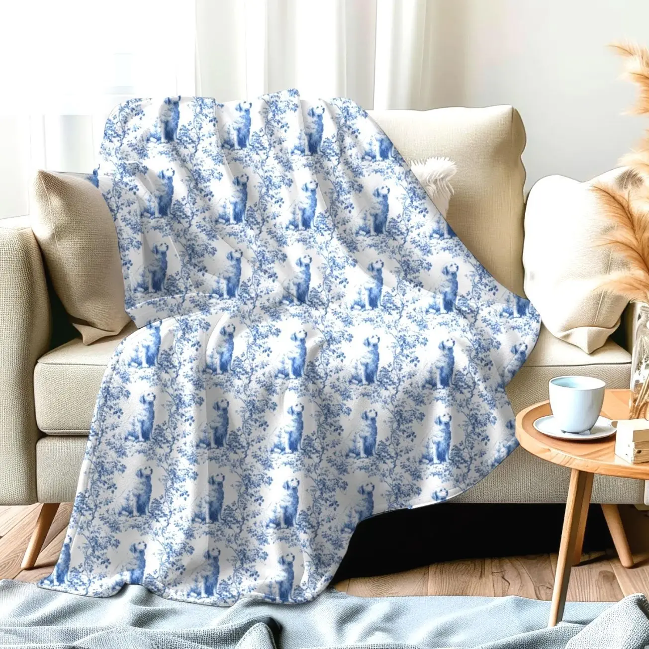Great Pyrenees French Toile Blanket, Blue French Toile Throw for Pyrenees Lovers, Toile de Jouy Gift for Dog Lovers French Country Decor