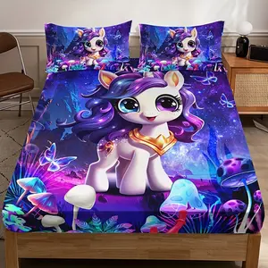 3pcs Cartoon Mushroom Cute Unicorn Bed Sheet Set (1 Bed Sheet + 2 Pillowcases, Pillow Inserts Not Included), High-Definition Print for Home Dormitory