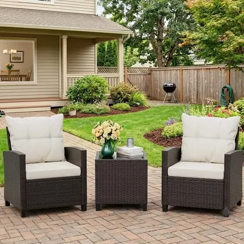 Walsunny 3-Piece Outdoor Wicker Conversation Bistro Set, Space Saving Patio Furniture for Garden w/Side Table, Wicker Conversation Sofa Set w/Washable Cushion and Glass Tabletop for Garden,Poolside,Balcony,Beige