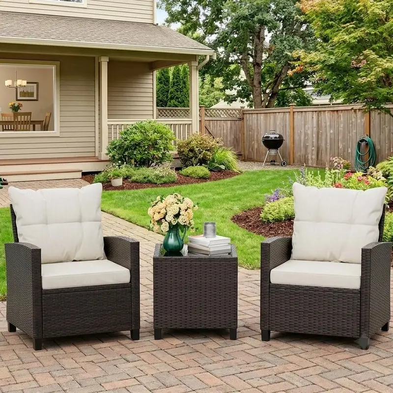 Walsunny 3-Piece Outdoor Wicker Conversation Bistro Set, Space Saving Patio Furniture for Garden w/Side Table, Wicker Conversation Sofa Set w/Washable Cushion and Glass Tabletop for Garden,Poolside,Balcony,Beige