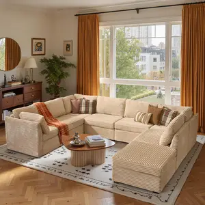 Modular Oversized Corner Sectional Sofa with Ottoman, Plush Corduroy Upholstery, Modern Design, Easy Assembled, Flexible Arrangements U Shape Sofa Fluffy Sofa Set