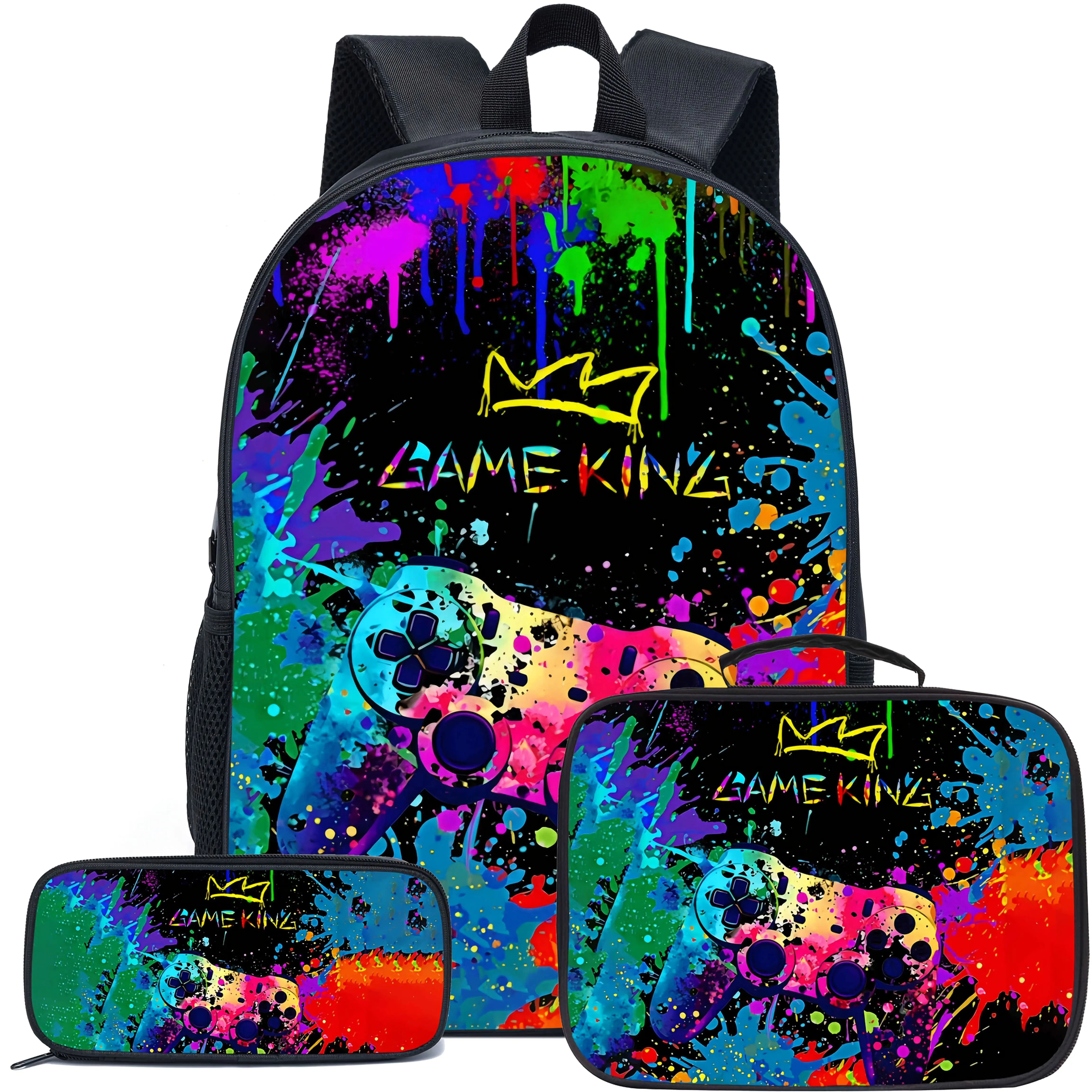 Unisex 17-Inch Polyester 3-Piece 3-in-1 Bag Set - Lightweight, Zipper Closure, Adjustable Shoulder Straps, Colorful Prints, High-Capacity Multi-Compartment Campus Backpack, Versatile Travel Use