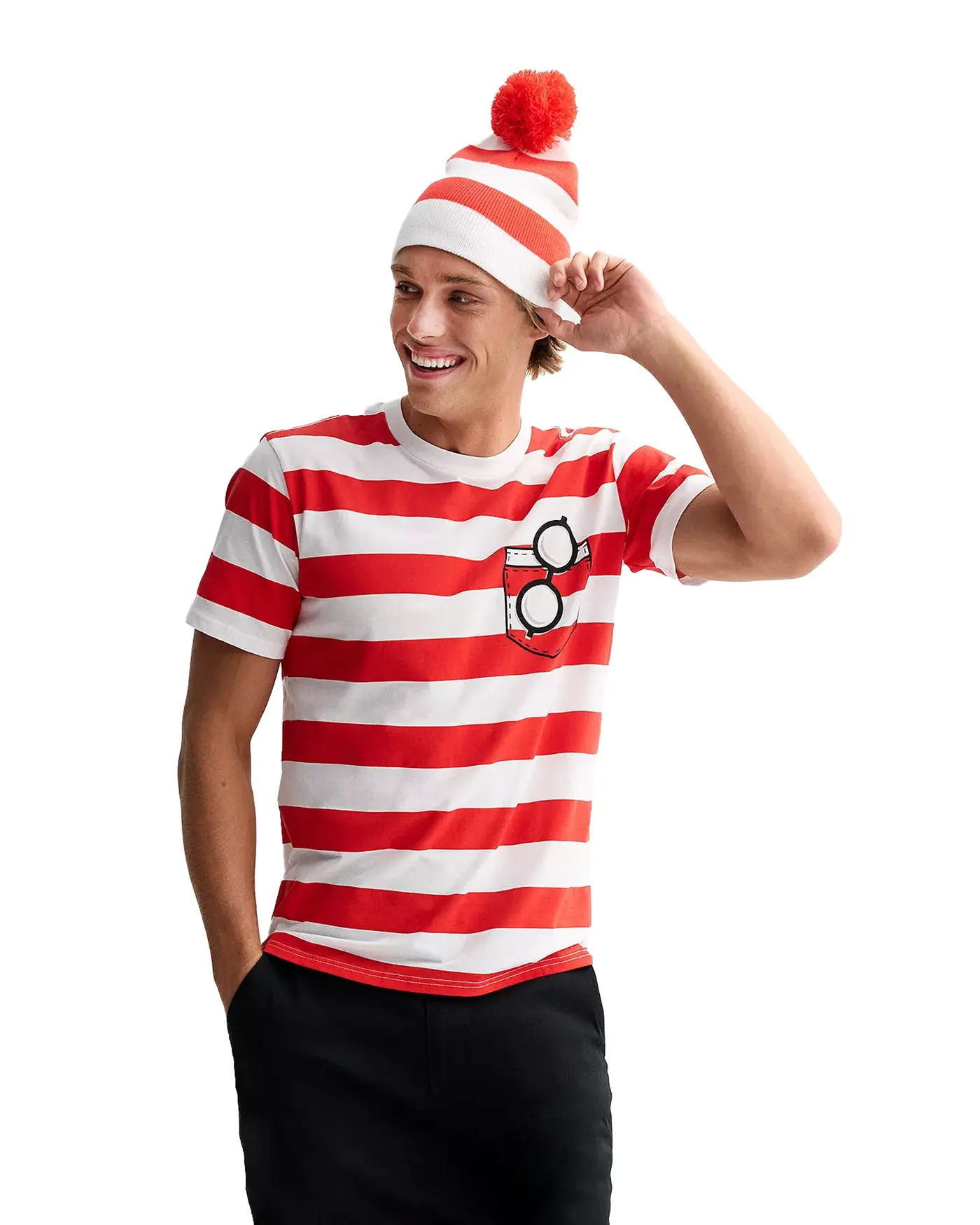 Men's Where's Waldo Traditional Stripe Knit Cotton T-Shirt with Pocket, Glasses & Beanie Day Costume Dress-Up Set, Graphic, Matching, Tops, Clothes