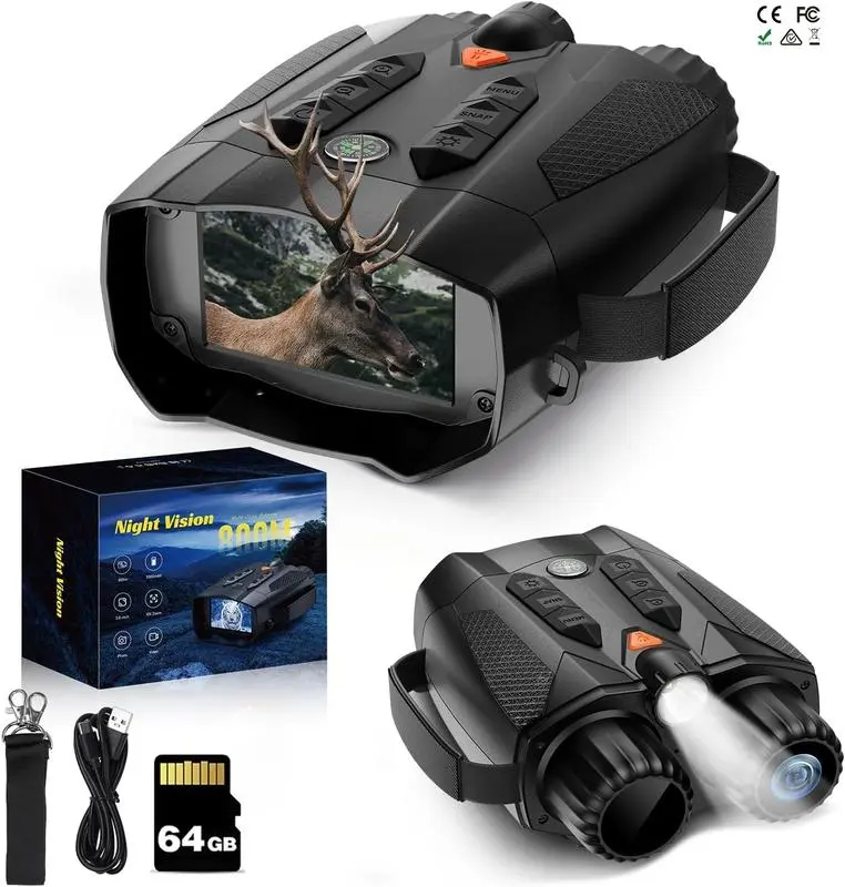 New Infrared Night Vision Binoculars with Compass and 3 Inch HD Display, 10x Digital Zoom for Outdoor Camping & Wildlife Observation - Gift