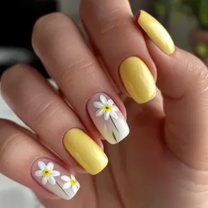 24pcs Medium Square Press-On Nails, Gradient Floral Sweet Cool French Style, Women's Nail Art Set with Jelly Glue & File