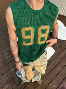 Breathable Waffle Knit Sleeveless Top - Men's Number 98 Loose Fit Knit Streetwear Vest for Casual Street Style,Black top, black T-shirt, black tank top