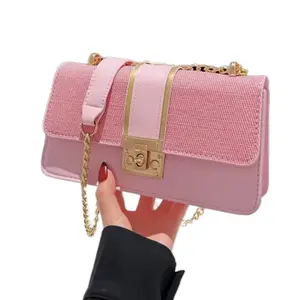 Ladies Body Crossover Hand Bag in Pink with Gold Chain Strap and Secure Lock Closure